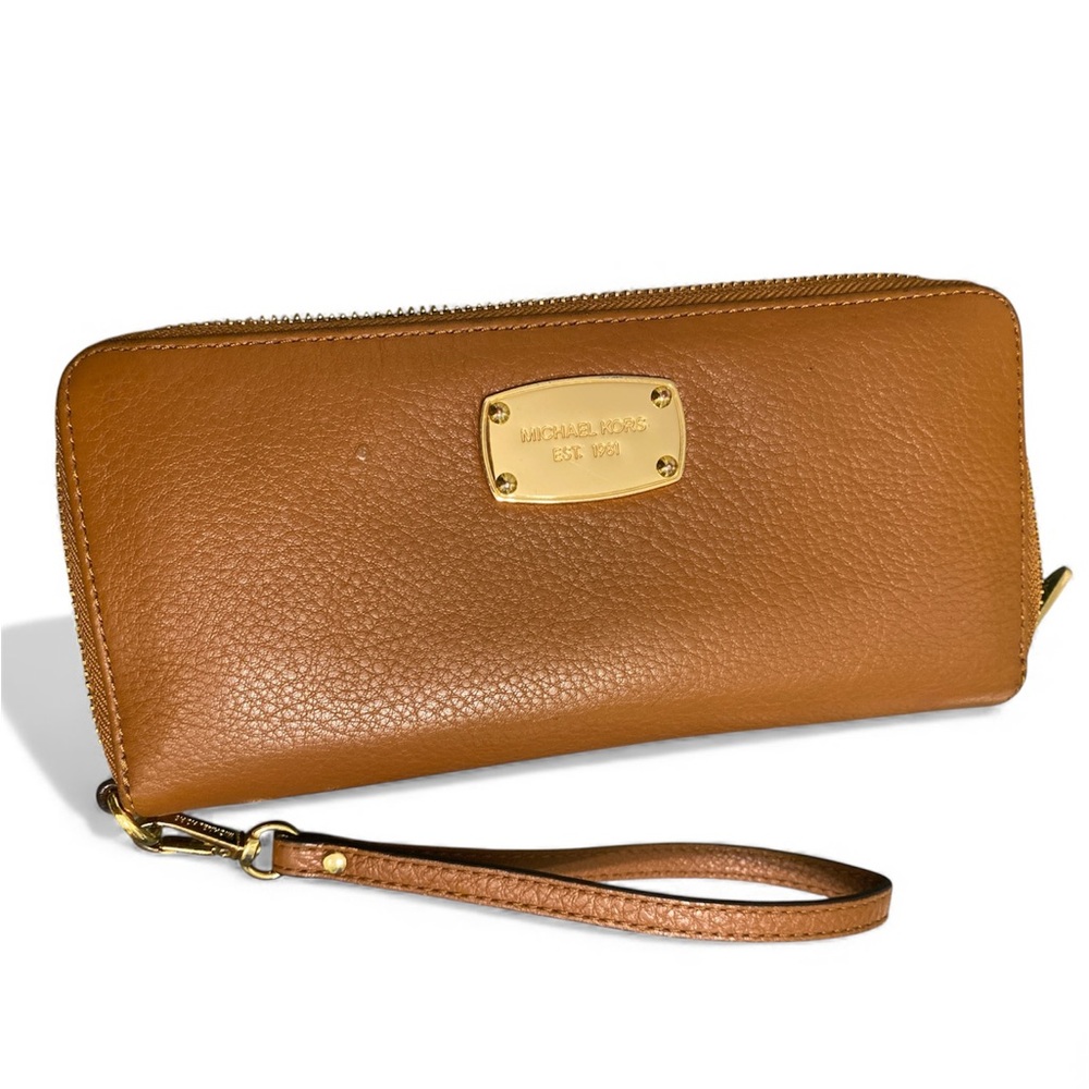 Michael Kors Camel Travel Continental Leather Wristlet with Gold Accents